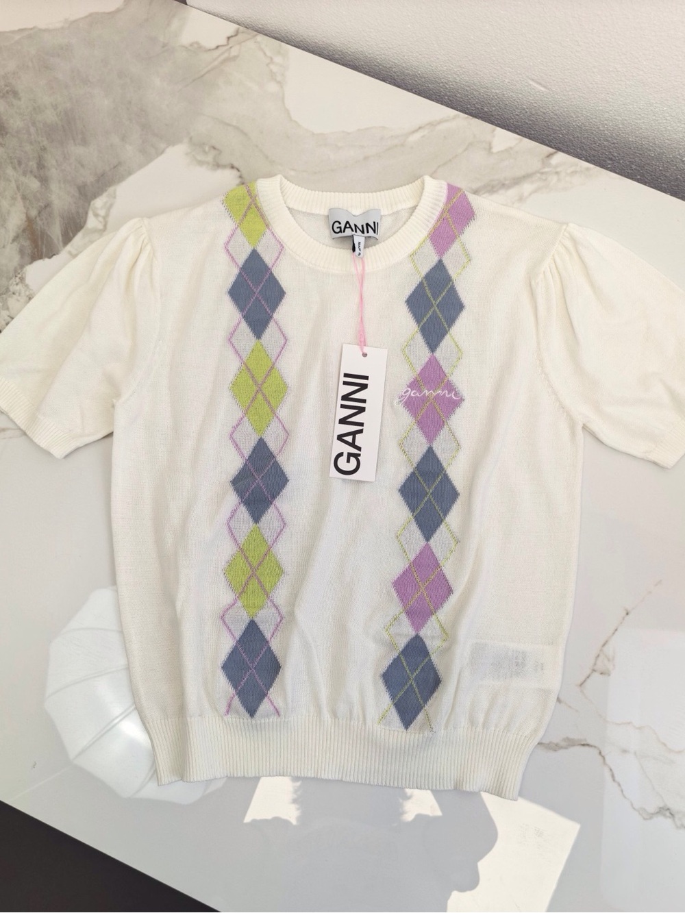 Ganni Cream Argyle Short Sleeve Knit Top with Purple & Lime Accents